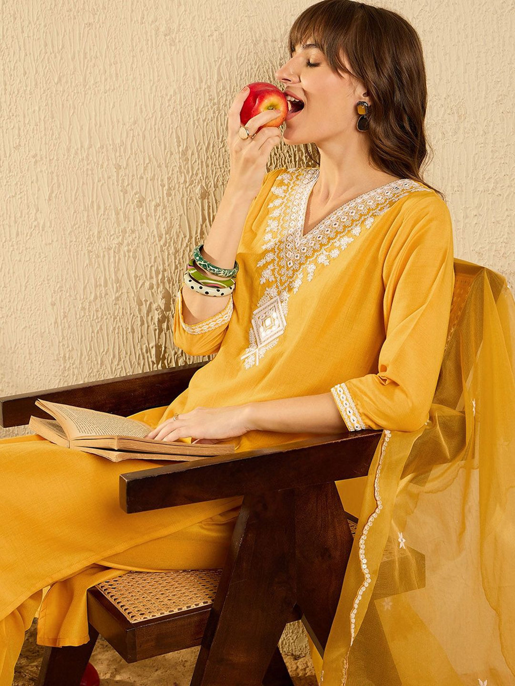Indo Era Floral Yoke Design V-Neck Straight Kurta With Trousers & Dupatta - Distacart