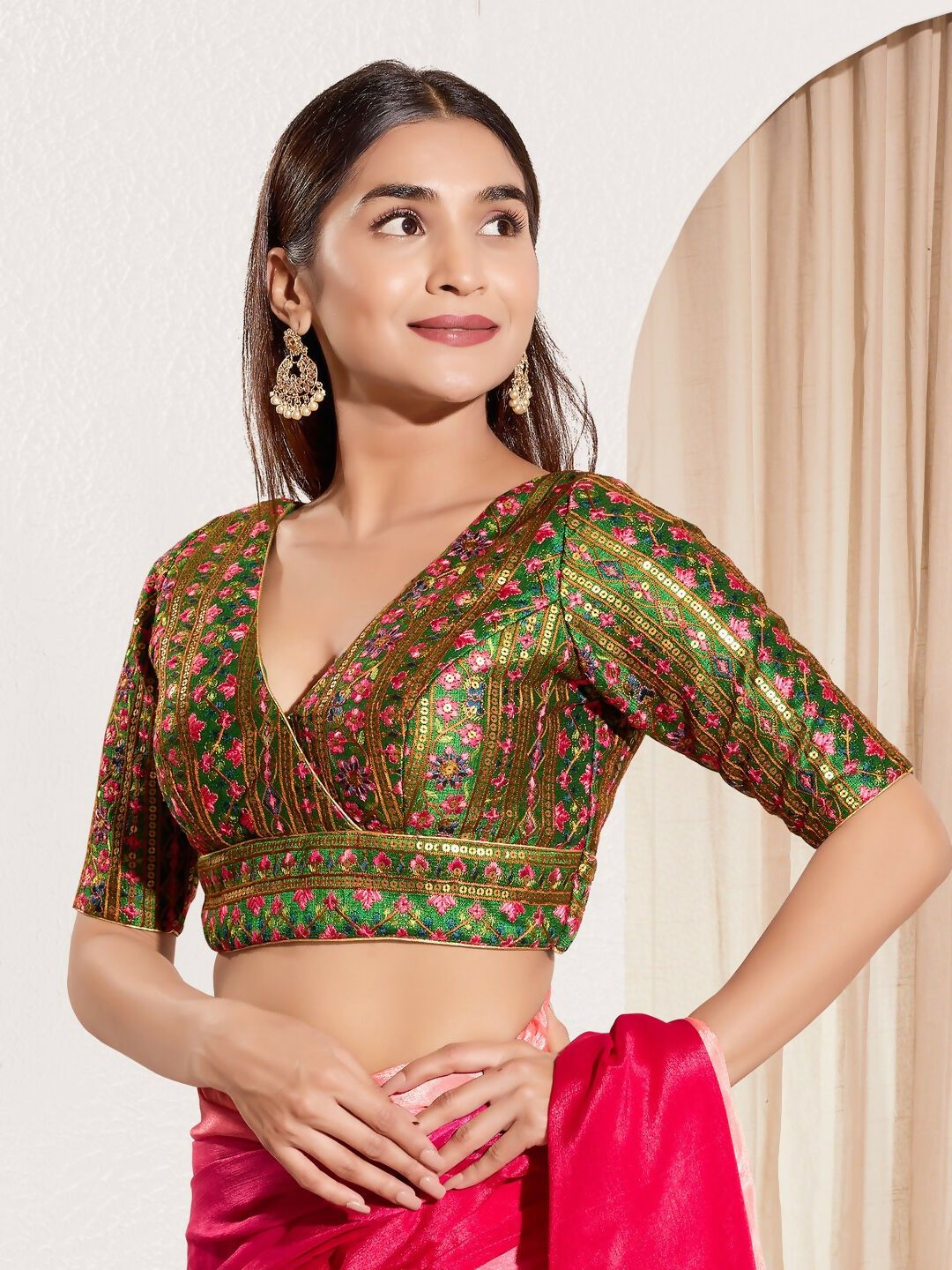 Joban Fashion Bottle Green Mulberry Silk Padded Blouse With V Neck Elbow Sleeves - Distacart