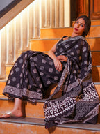 Zibaa Hand-Blocked Pure Mul Cotton Black Saree - Distacart