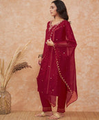 Sangria Maroon Floral Embroidered Straight Kurta With Trousers & Dupatta