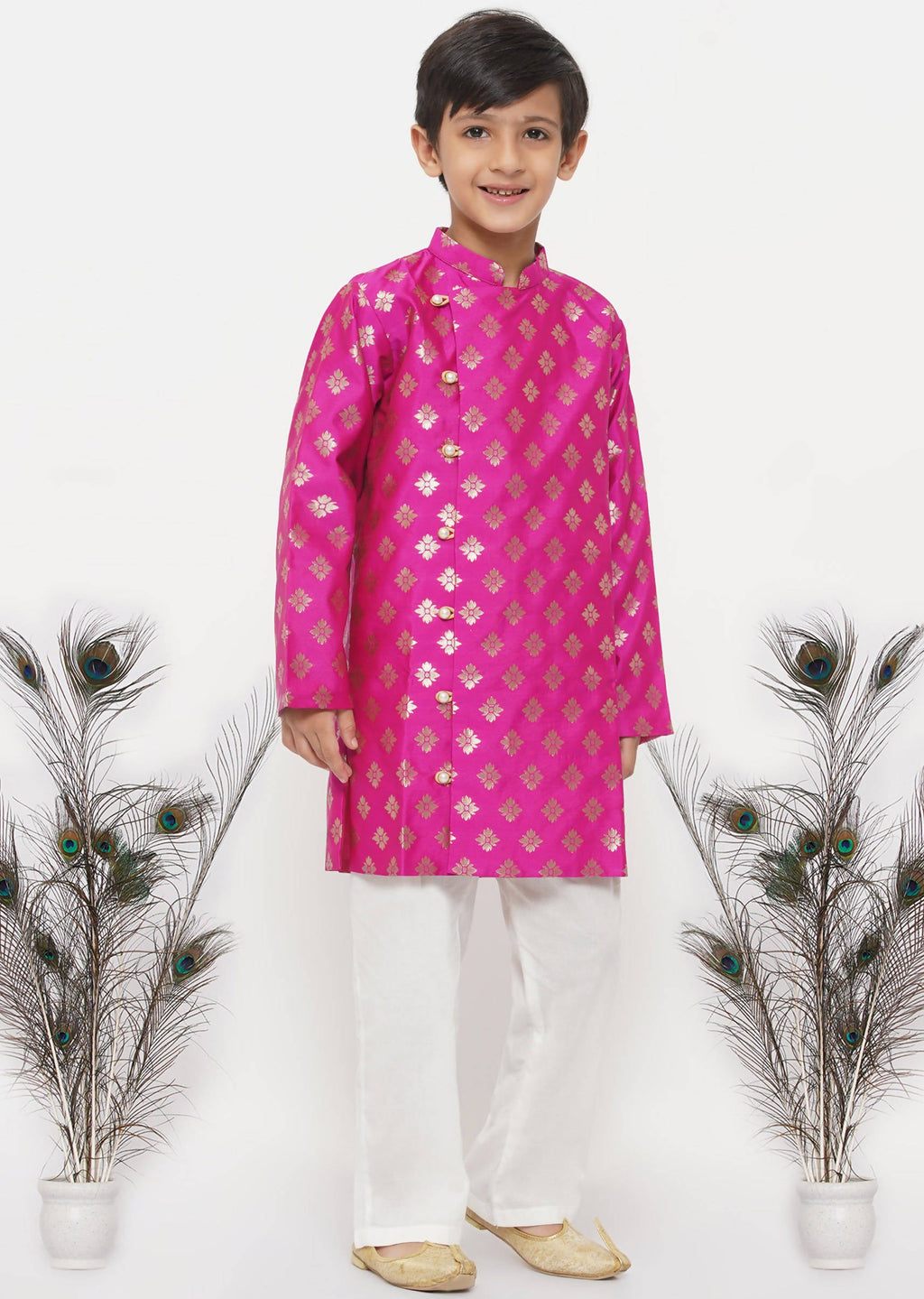 Little Bansi Boys Banarsi Silk Sherwani & Pyjama - Magenta & Cream