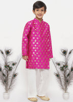 Little Bansi Boys Banarsi Silk Sherwani & Pyjama - Magenta & Cream