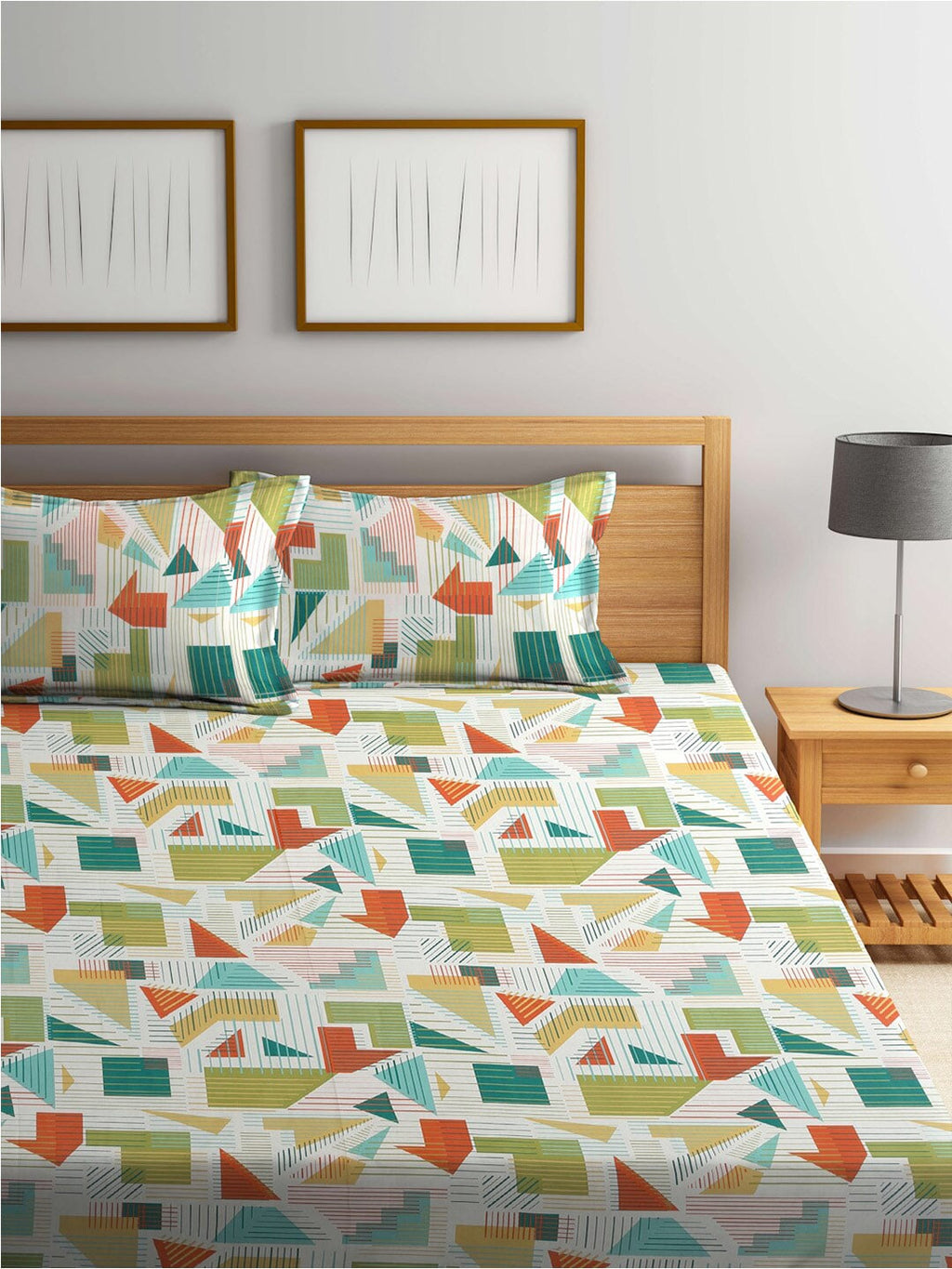 BOMBAY DYEING Serenita Yellow Geometric Cotton 144 TC King Bedsheet & 2 Pillow Covers
