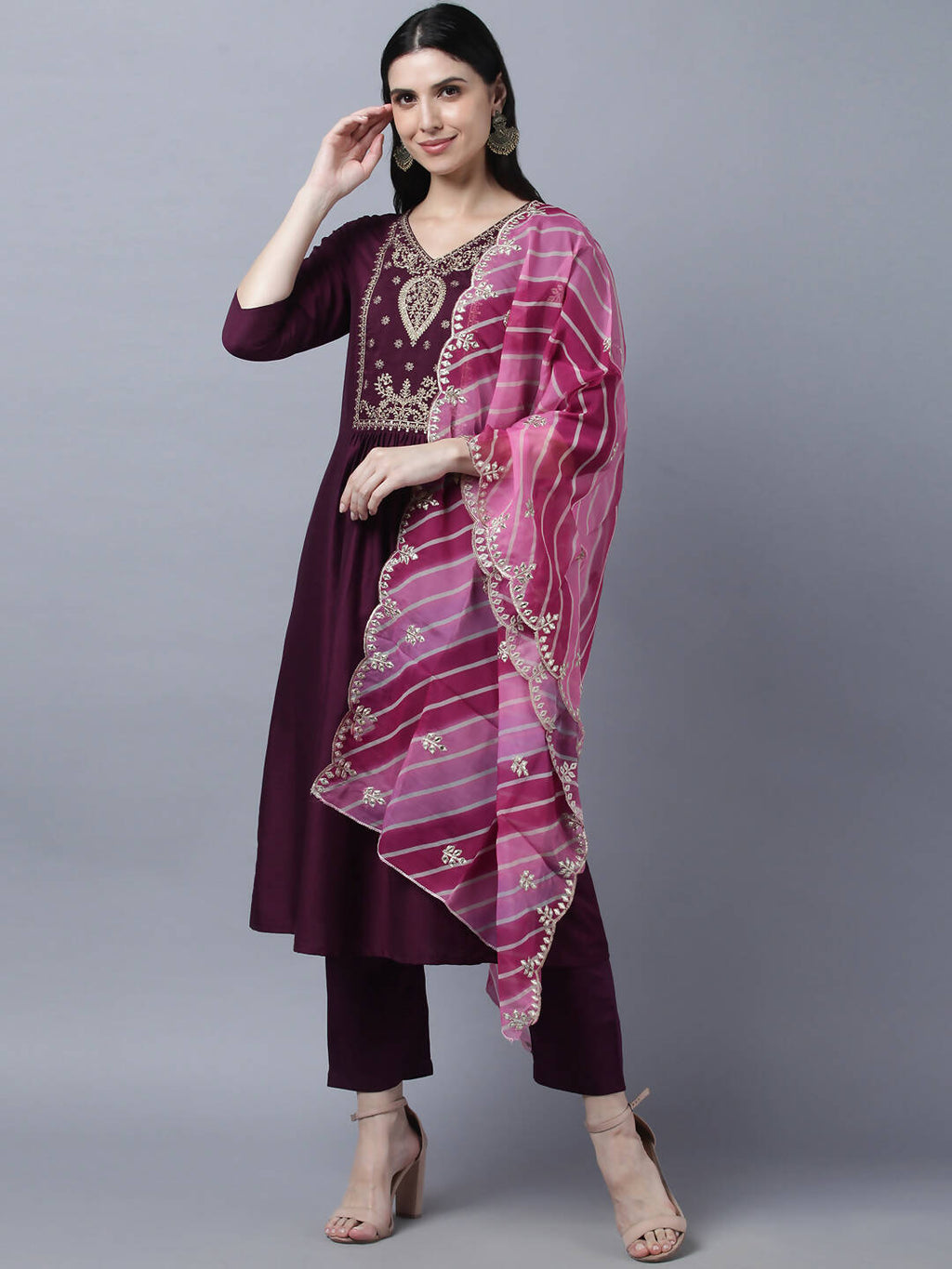 Myshka Stylish Maroon 3/4 Sleeve Women's Kurta Pant with Dupatta Set - Distacart