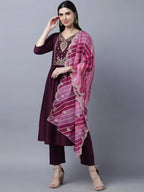 Myshka Stylish Maroon 3/4 Sleeve Women's Kurta Pant with Dupatta Set - Distacart
