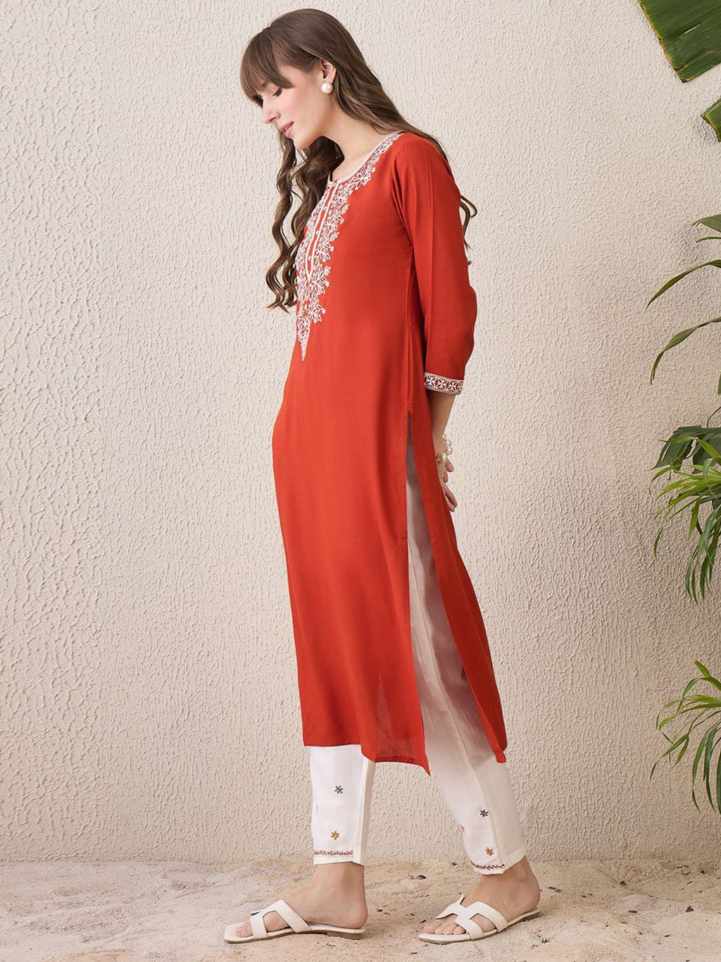 Indo Era Floral Yoke Design Thread Work Cotton Straight Kurta - Distacart
