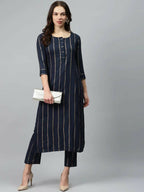 Vamika Printed Rayon Blue Party Wear/Casual Wear Kurta Set/Suit - Distacart