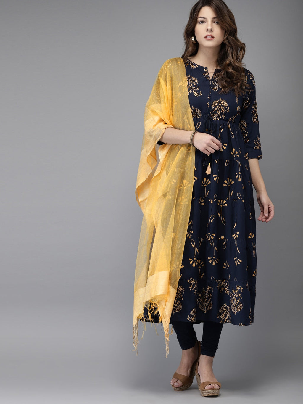 HERE&NOW Women Navy Blue & Gold-Toned Printed Kurta with Churidar & Dupatta