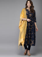 HERE&NOW Women Navy Blue & Gold-Toned Printed Kurta with Churidar & Dupatta