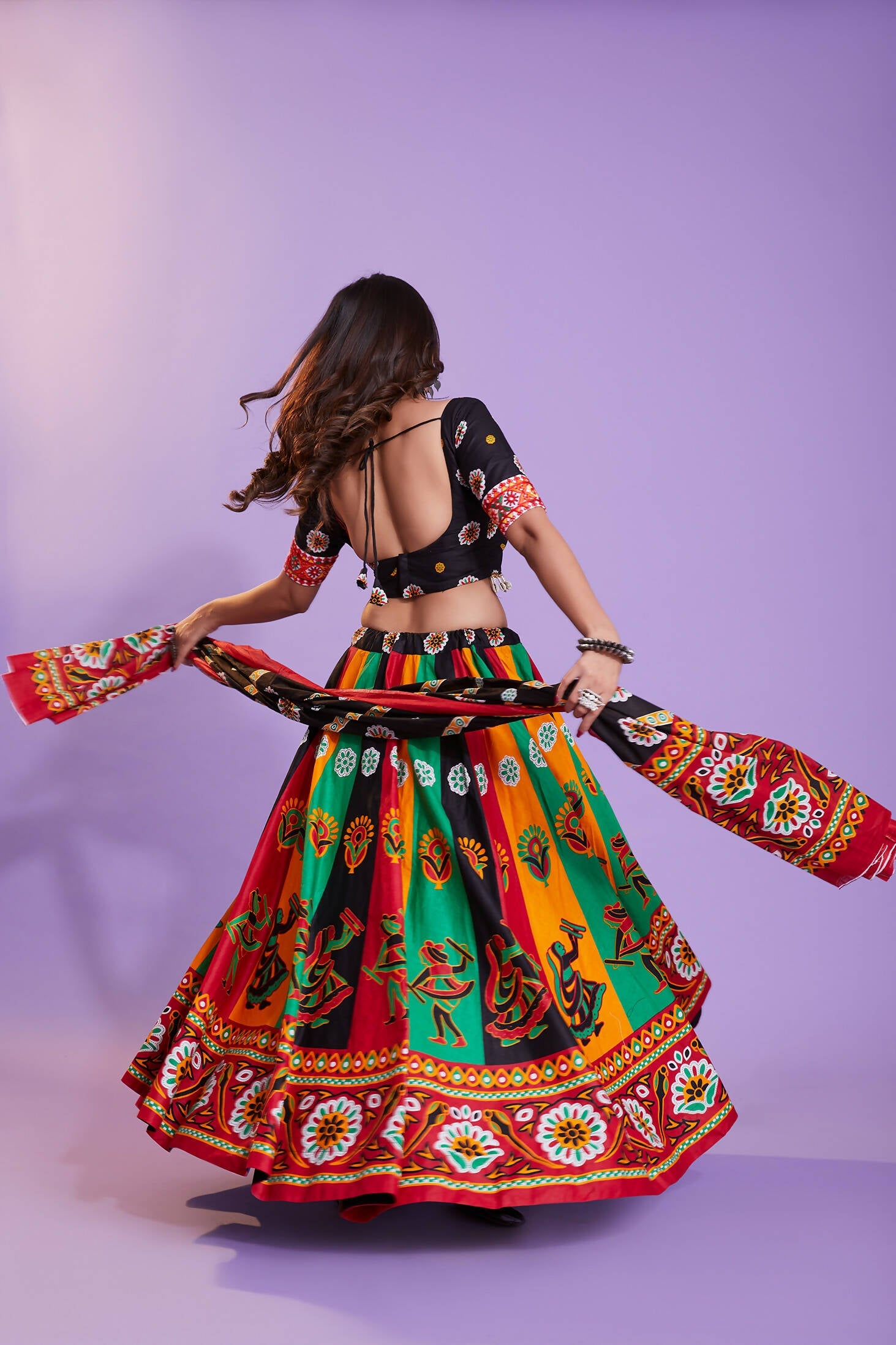 Multi Color Pure Cotton Hand Block Print Navratri Lehenga Choli with Dupatta - Raas