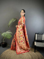 Joban Fashion Peach Intricate Floral & Foliate Motifs Soft Silk Paithani Saree - Distacart