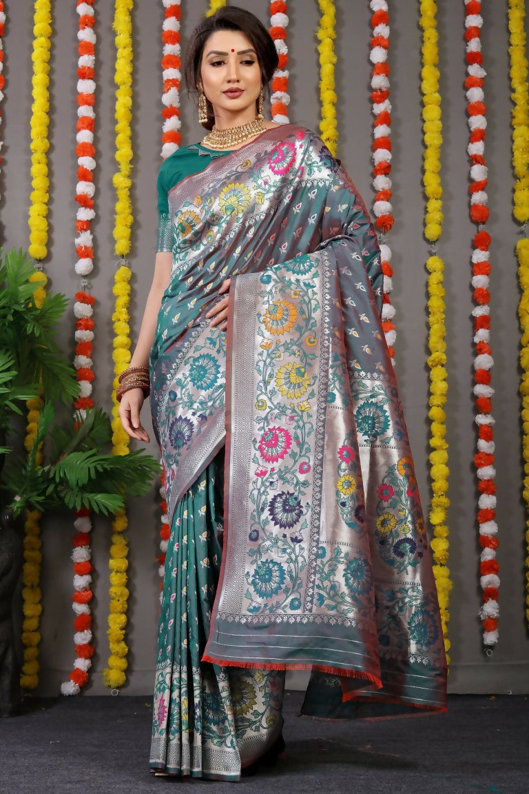 Jyoti Fashion Women's Bottle Green Banarasi Silk Zari Woven Saree with Blouse