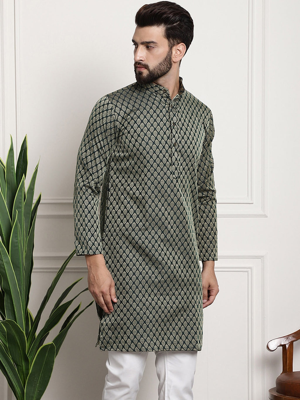 Sojanya Band Collar Ethnic Motifs Woven Design Kurta