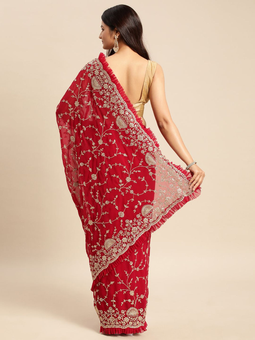 kasee Floral Zari Pure Georgette Saree - Distacart