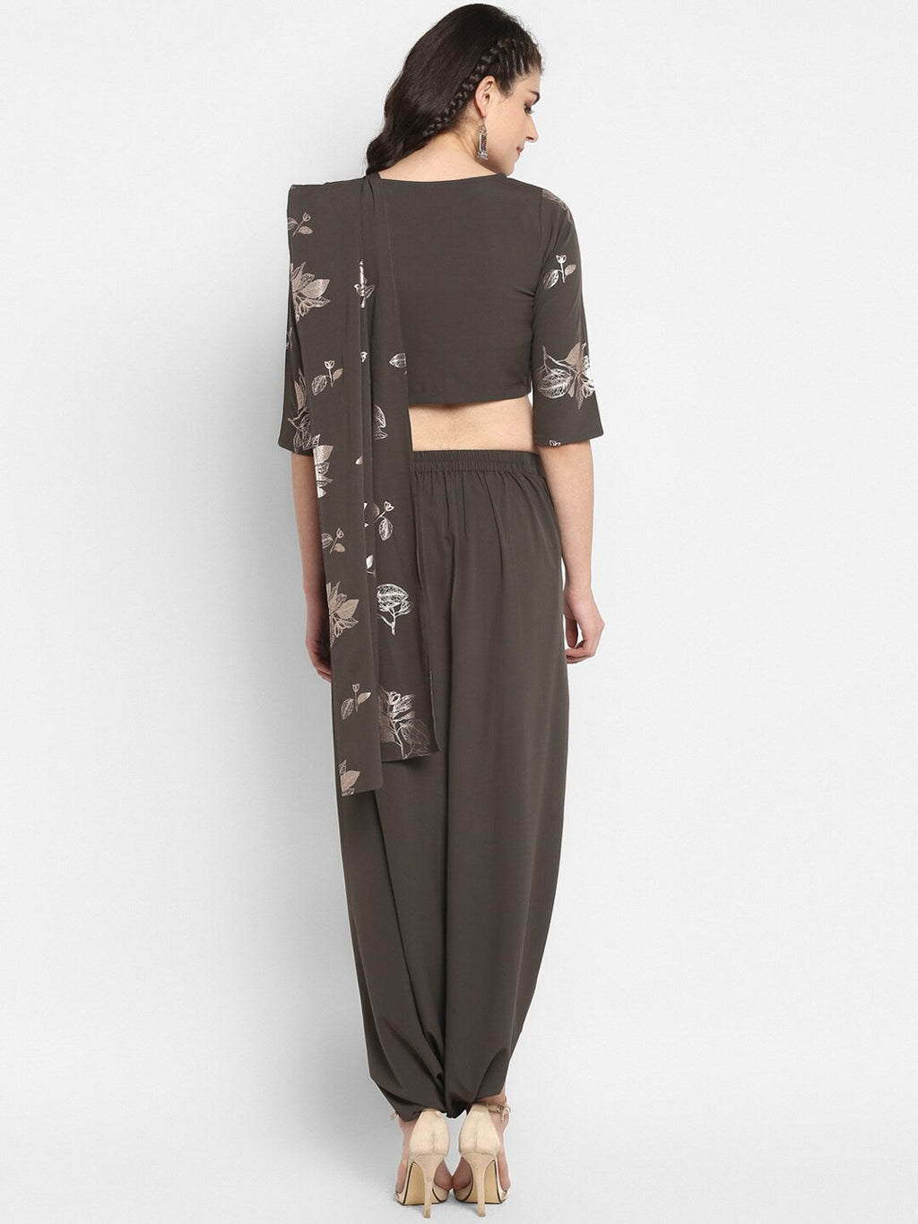 Janasya Grey & Silver Floral Print Top with Dhoti Pants & Dupatta - Distacart