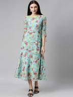 Souchii Blue Floral Printed Chiffon A-Line Midi Dress - Distacart