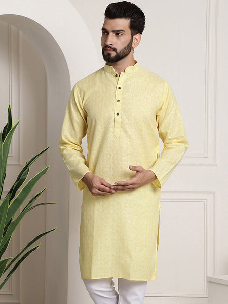 Sojanya Men Yellow Dobby Self-Checked Straight Kurta
