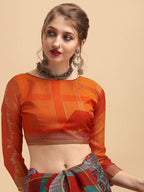 Sangria Grey & Red Beads and Stones Pure Linen Saree - Distacart