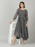 Souchii Women Grey & Black Ethnic Motifs Chiffon A-Line Midi Dress - Distacart