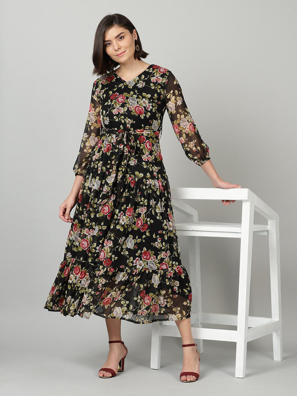 Souchii Black & Pink Floral Chiffon Midi Dress - Distacart