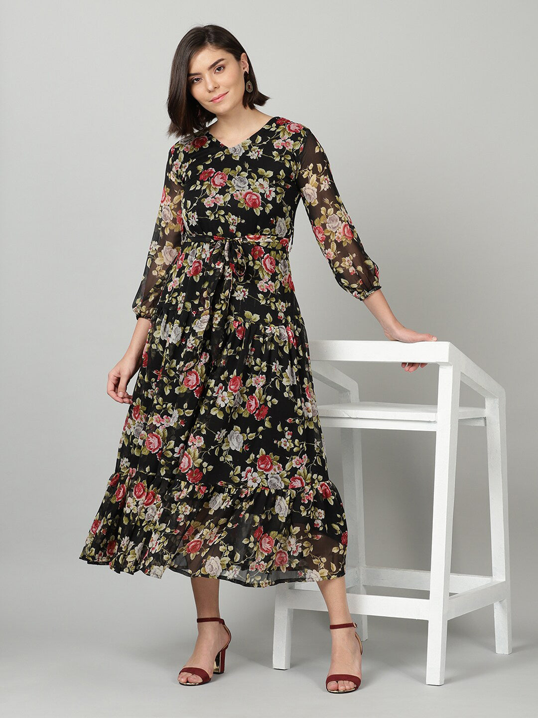 Souchii Black & Pink Floral Chiffon Midi Dress - Distacart