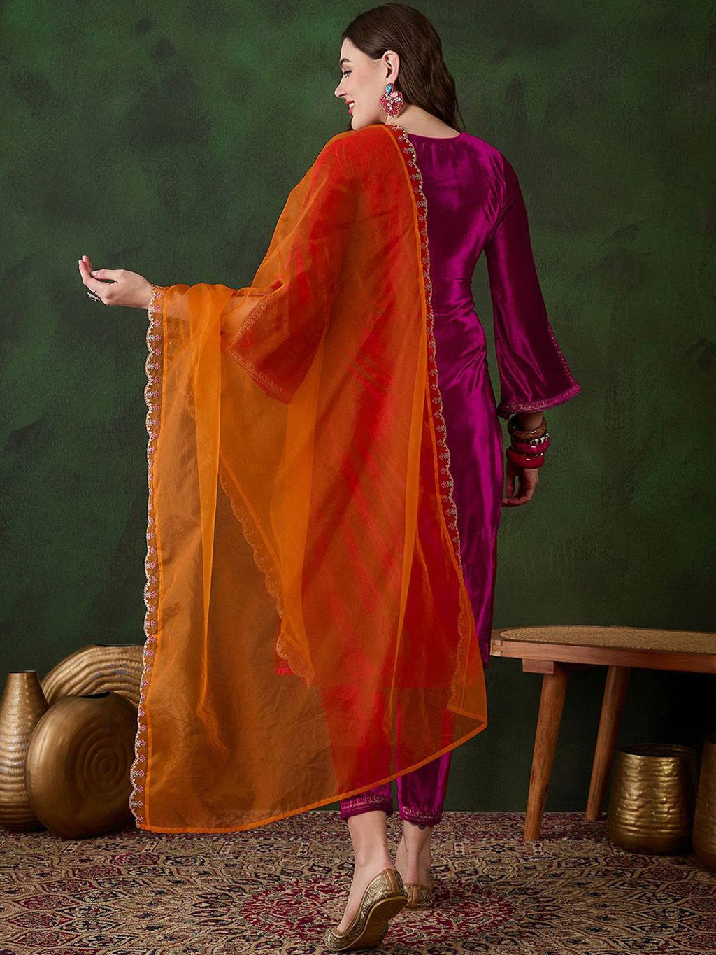 Sangria Embroidered Velvet Kurta & Trousers with Dupatta