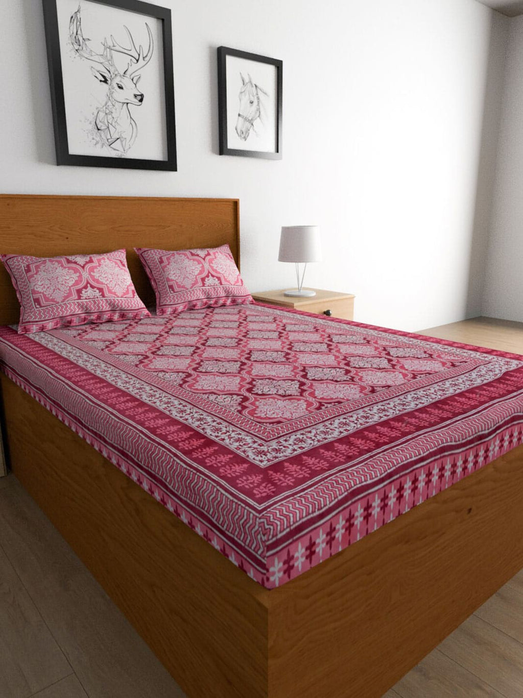Urban Magic Pink Printed Cotton 104 TC King Bedsheet with 2 Pillow Covers