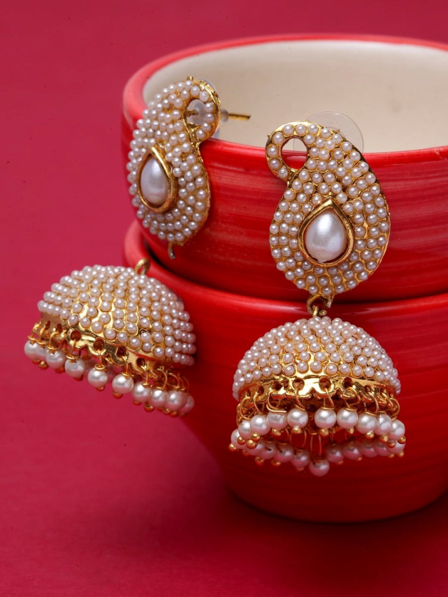 Anikas Creation Off-White & Gold-Polished Contemporary Jhumkas