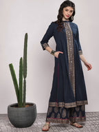 Sangria Women Navy Blue & Gold-Coloured Printed Kurta with Palazzos