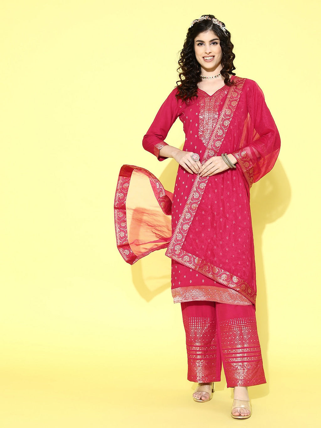 Sangria Floral Yoke Design Jacquard Kurta with Palazzos & With Dupatta