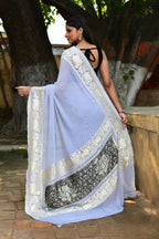 Joban Fashion Silver Crepe Chiffon Pure Handloom Banarasi Silk Saree