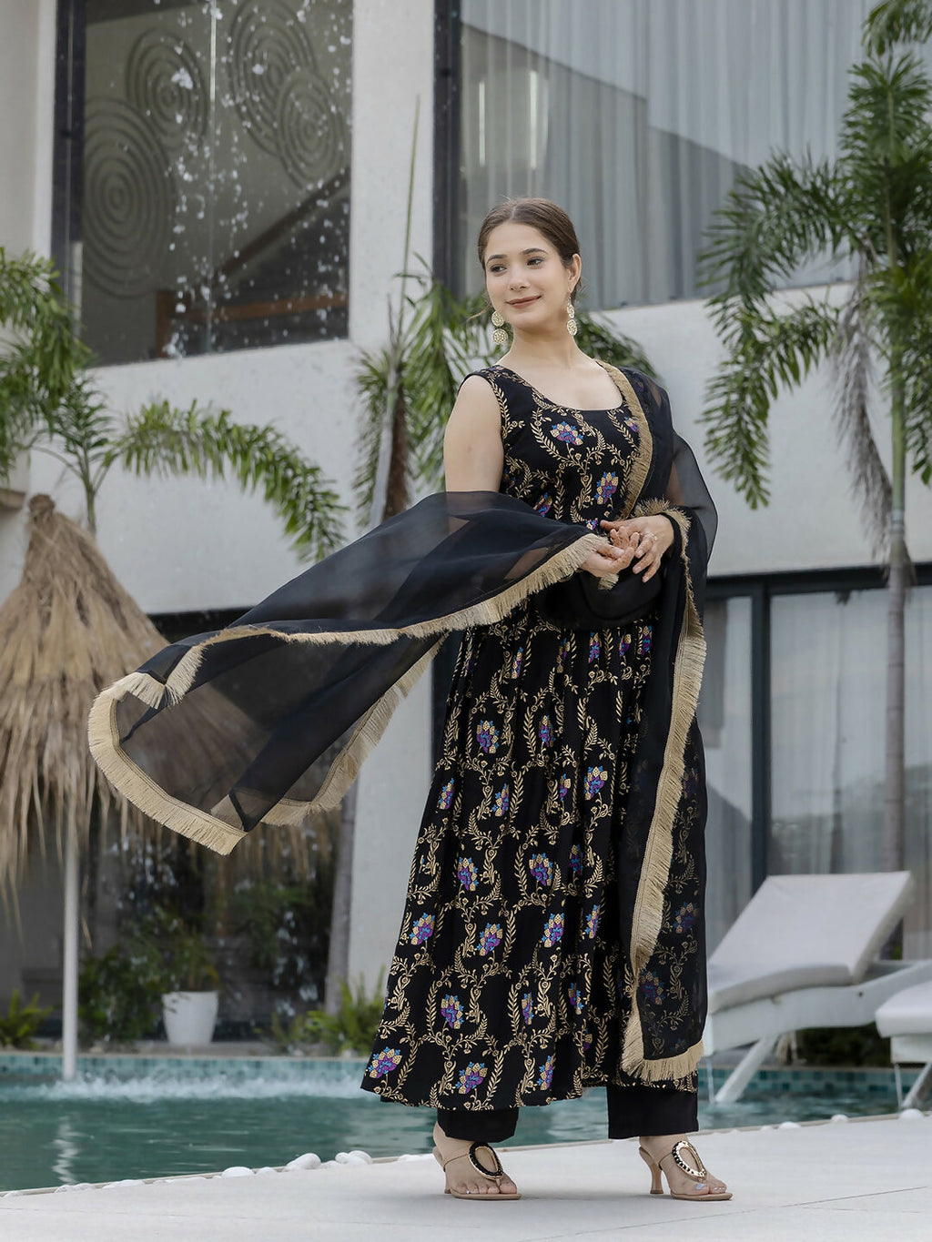 The52 Black Women's Gorgeous Printed Muslin Fabric Flared Kurta Pant and Dupatta Set - Distacart