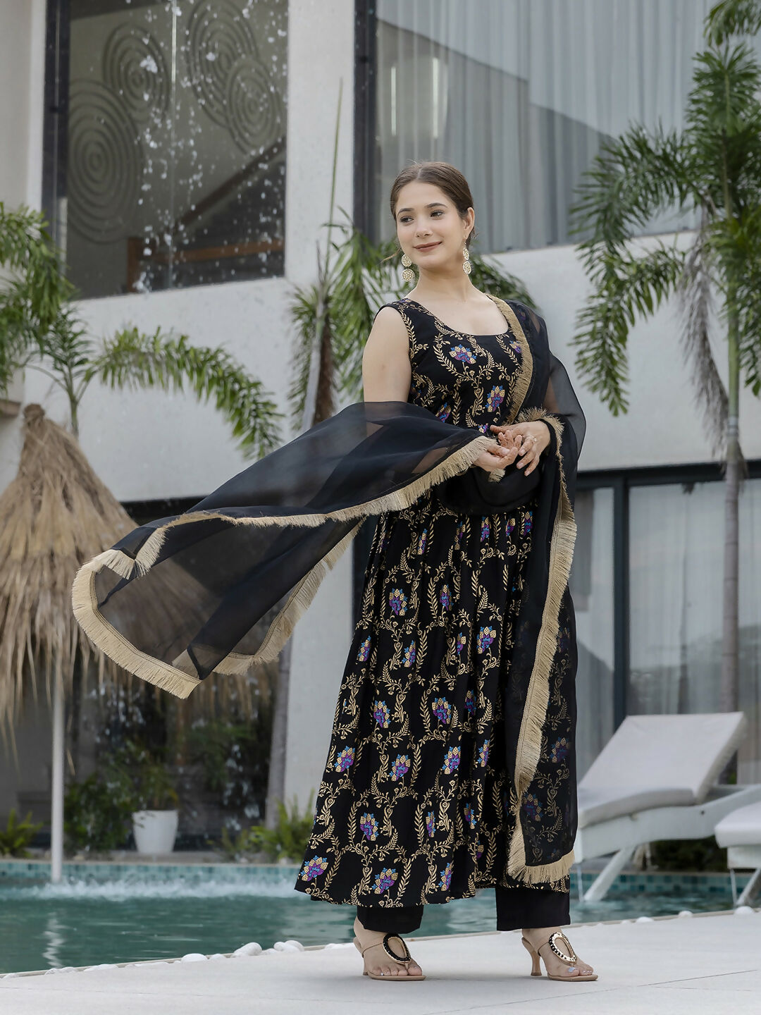 The52 Black Women's Gorgeous Printed Muslin Fabric Flared Kurta Pant and Dupatta Set - Distacart