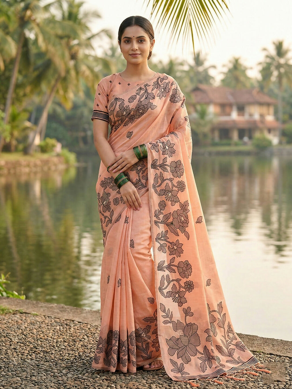 Shree Shyam Fashion Orange Linen Cotton Saree - Distacart
