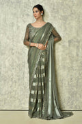 Grey Silk Stripe Saree With Blouse Piece - Purvi