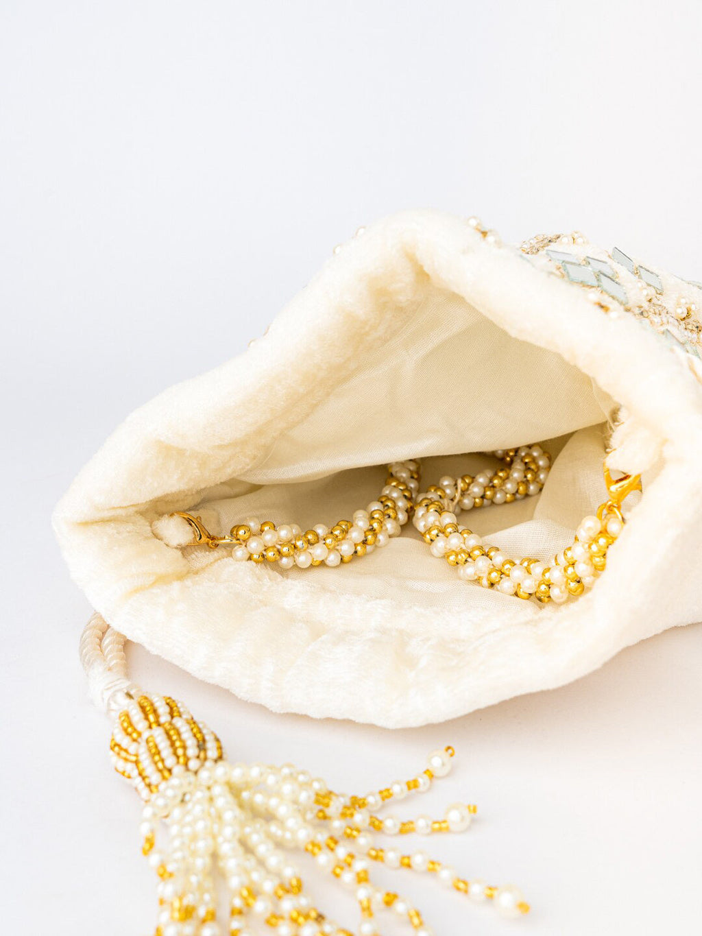 NR By Nidhi Rathi White Mirror Work Embroidered Potli Clutch - Distacart