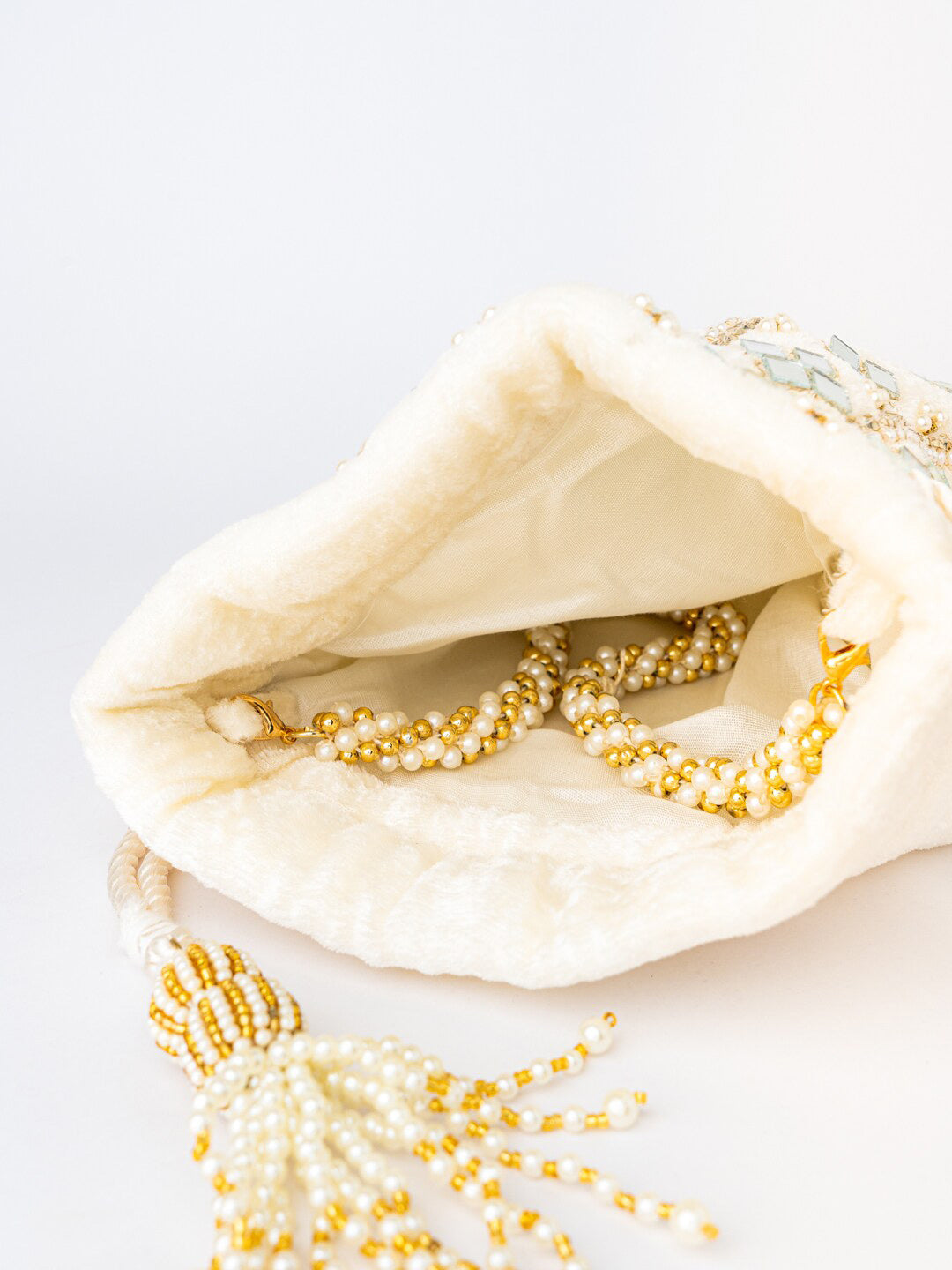 NR By Nidhi Rathi White Mirror Work Embroidered Potli Clutch - Distacart