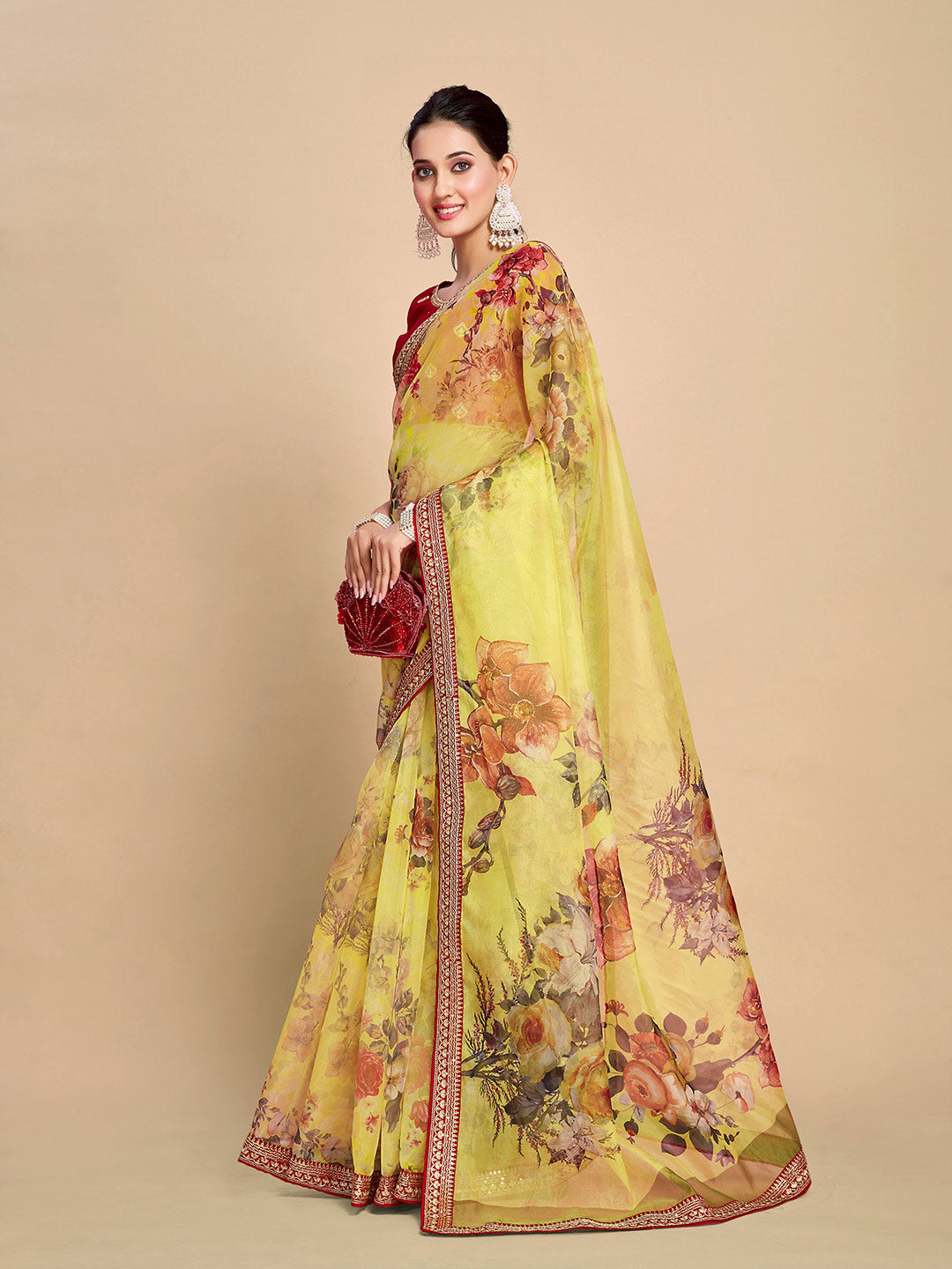 Sangria Floral Printed Embroidered Organza Saree - Distacart