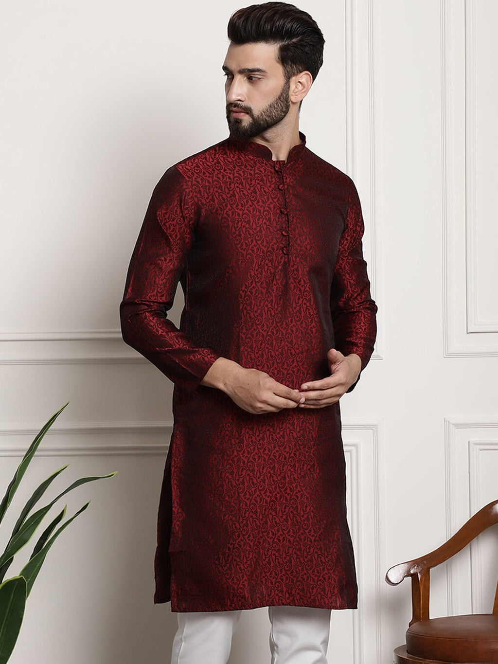 Sojanya Men Maroon Printed Straight Kurta