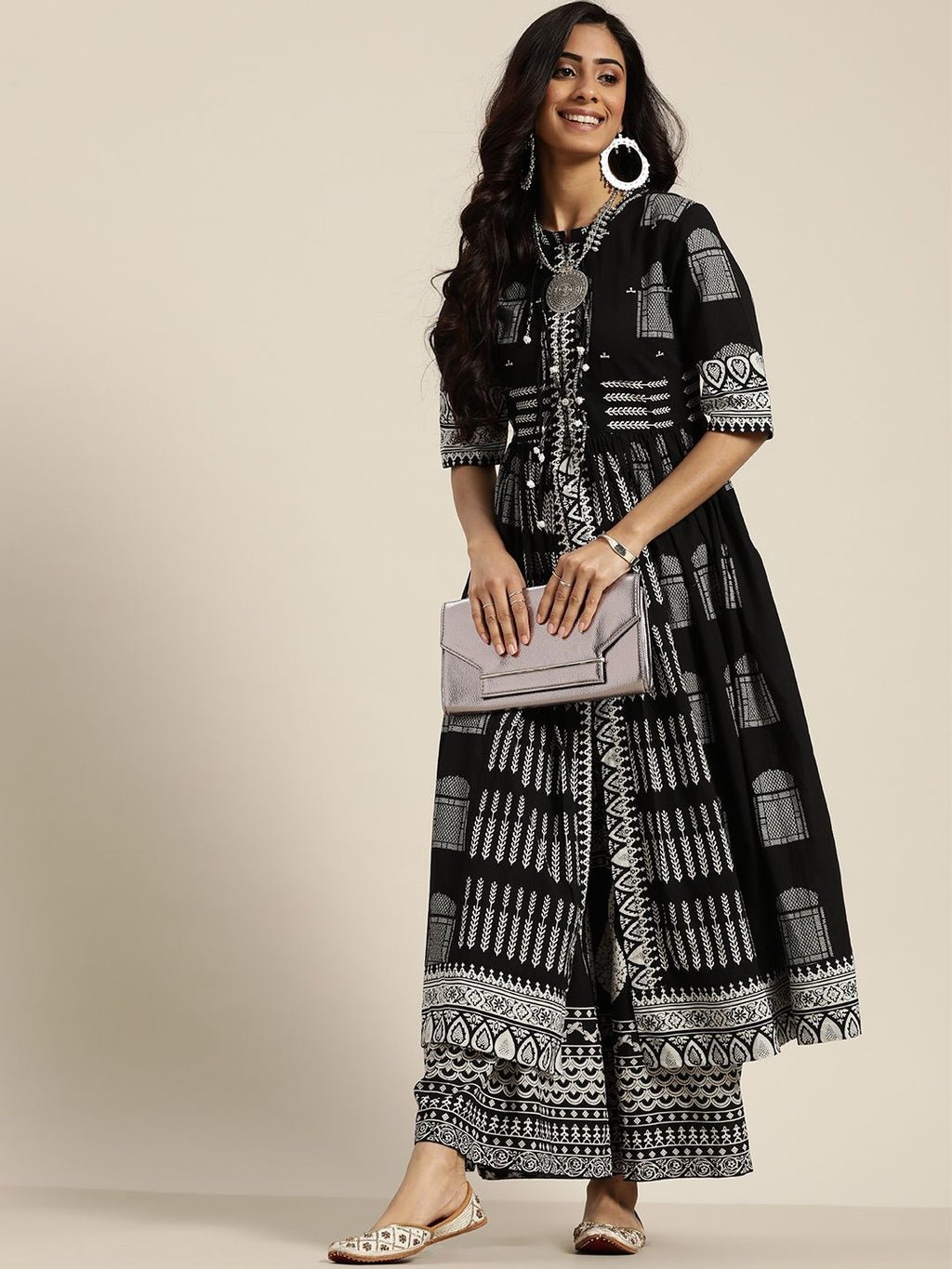 Sangria Women Black & White Ethnic Motifs Printed Pure Cotton Kurta with Sharara