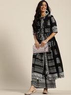 Sangria Women Black & White Ethnic Motifs Printed Pure Cotton Kurta with Sharara