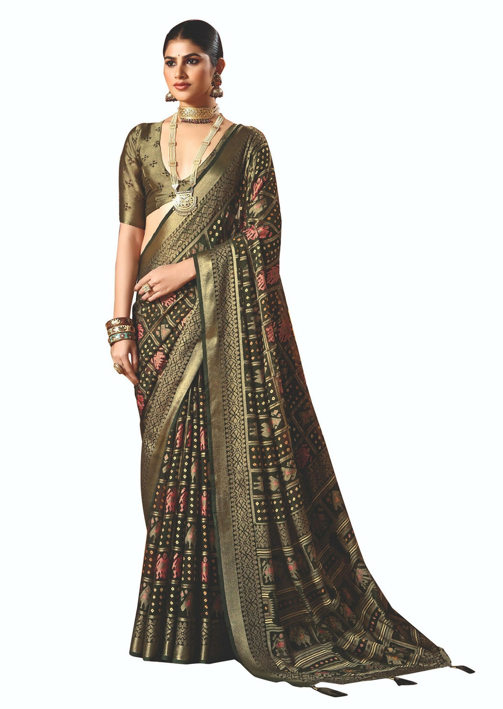 Joban Fashion Green Dull Moss Brasso Saree - Distacart