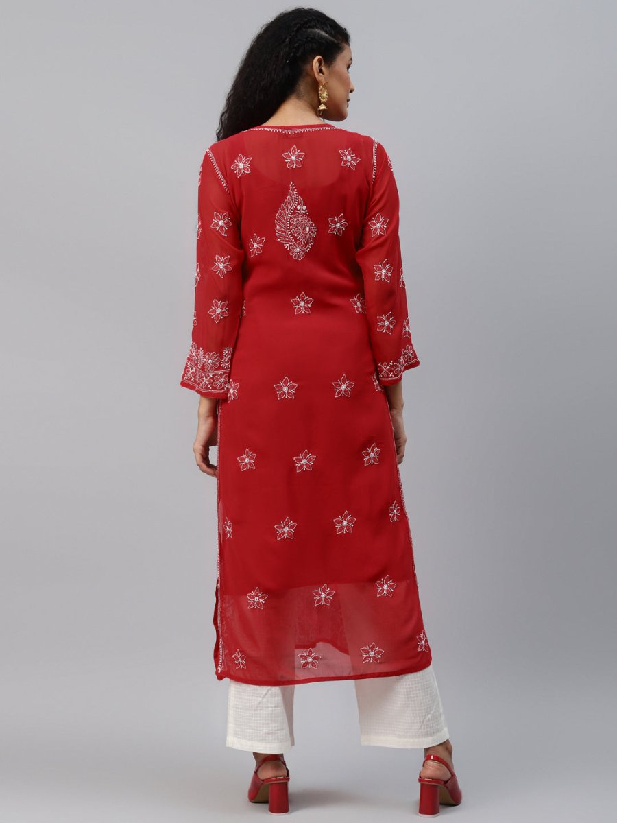 ADA Women Red & White Hand Embroidered Chikankari Sustainable Handloom Kurta With Matching Slip