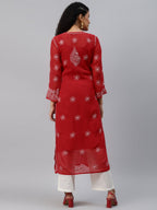 ADA Women Red & White Hand Embroidered Chikankari Sustainable Handloom Kurta With Matching Slip