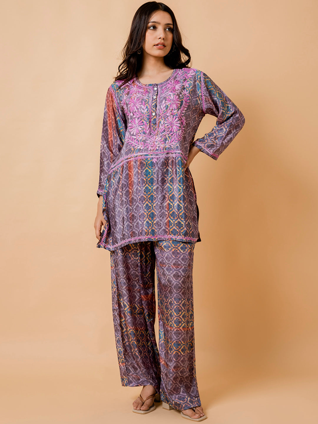 HOUSE OF KARI Floral Embroidered Regular Chikankari Straight Kurta with Palazzos