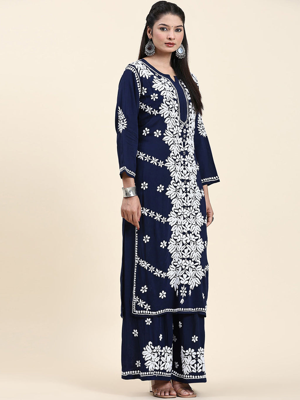 HOUSE OF KARI Ethnic Motifs Embroidered Chikankari Cotton Kurta & Palazzos