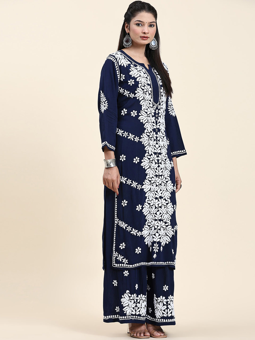 HOUSE OF KARI Ethnic Motifs Embroidered Chikankari Cotton Kurta & Palazzos