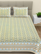 BELLA CASA Green & Blue Ethnic Motifs Cotton 180 TC King Bedsheet With 2 Pillow Covers