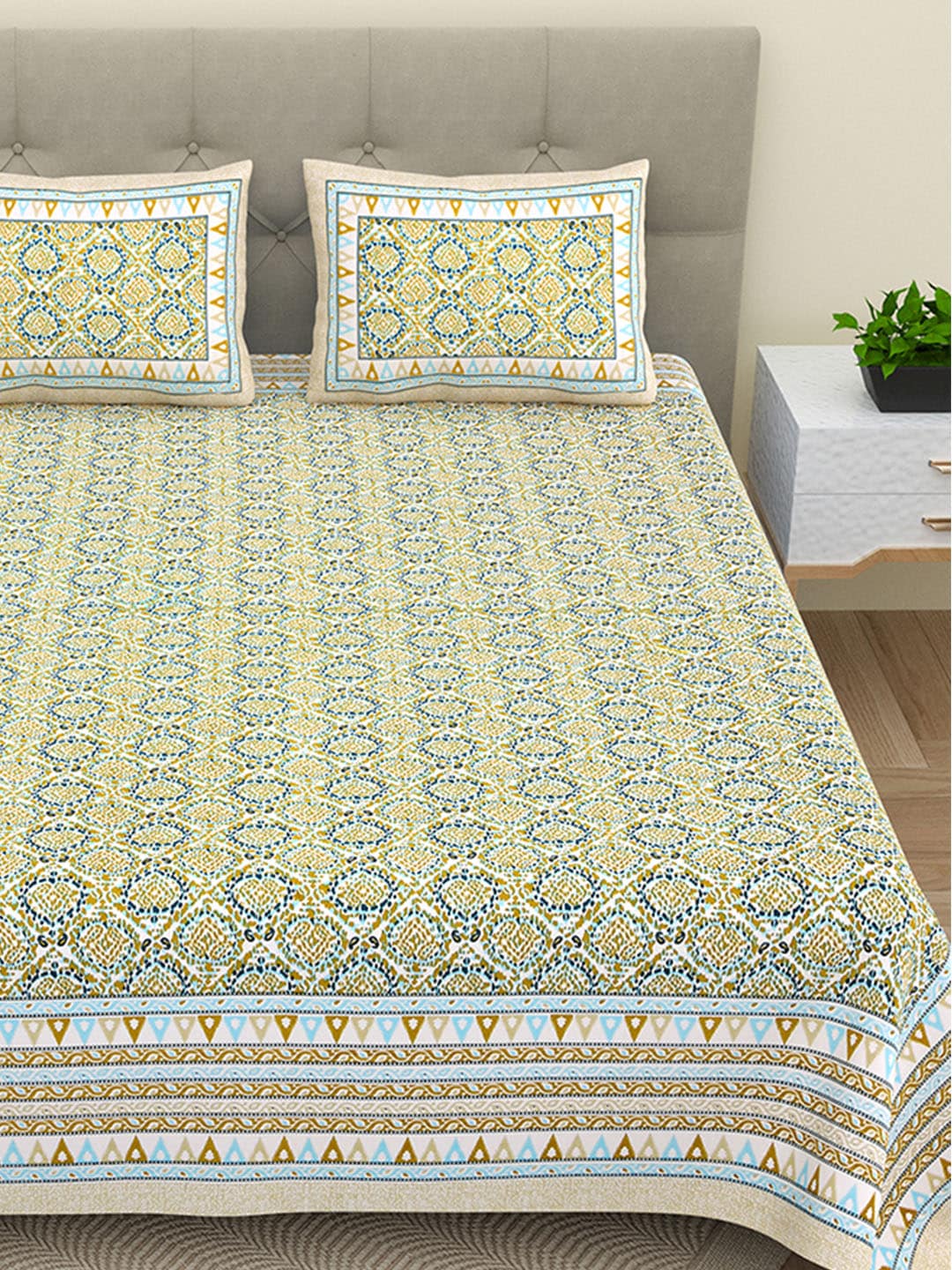 BELLA CASA Green & Blue Ethnic Motifs Cotton 180 TC King Bedsheet With 2 Pillow Covers