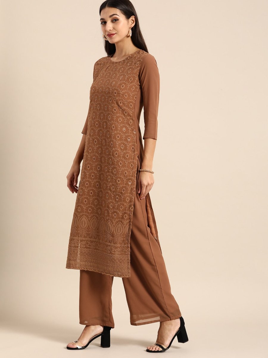 All About You Women Brown Ethnic Motifs Embroidered Chikankari Kurta with Palazzos